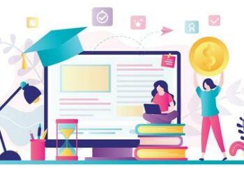 female character investing money in education. student sitting with laptop and upgrade skills. investment in knowledge concept.