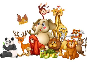 many animals on white background